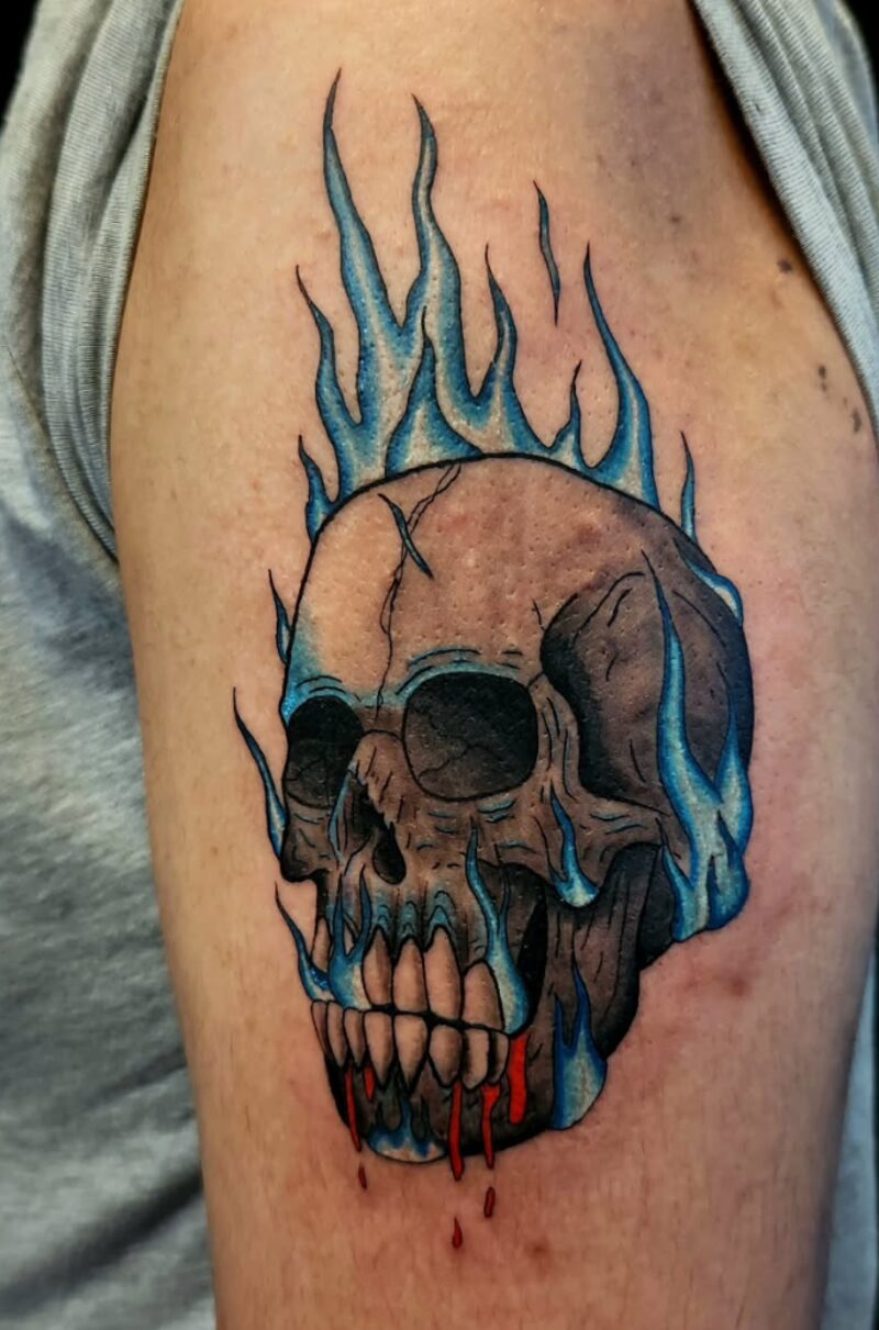 Color neo-traditional flaming skull tattoo by Mindcrusher Tattoo, Rogers Park Chicago
