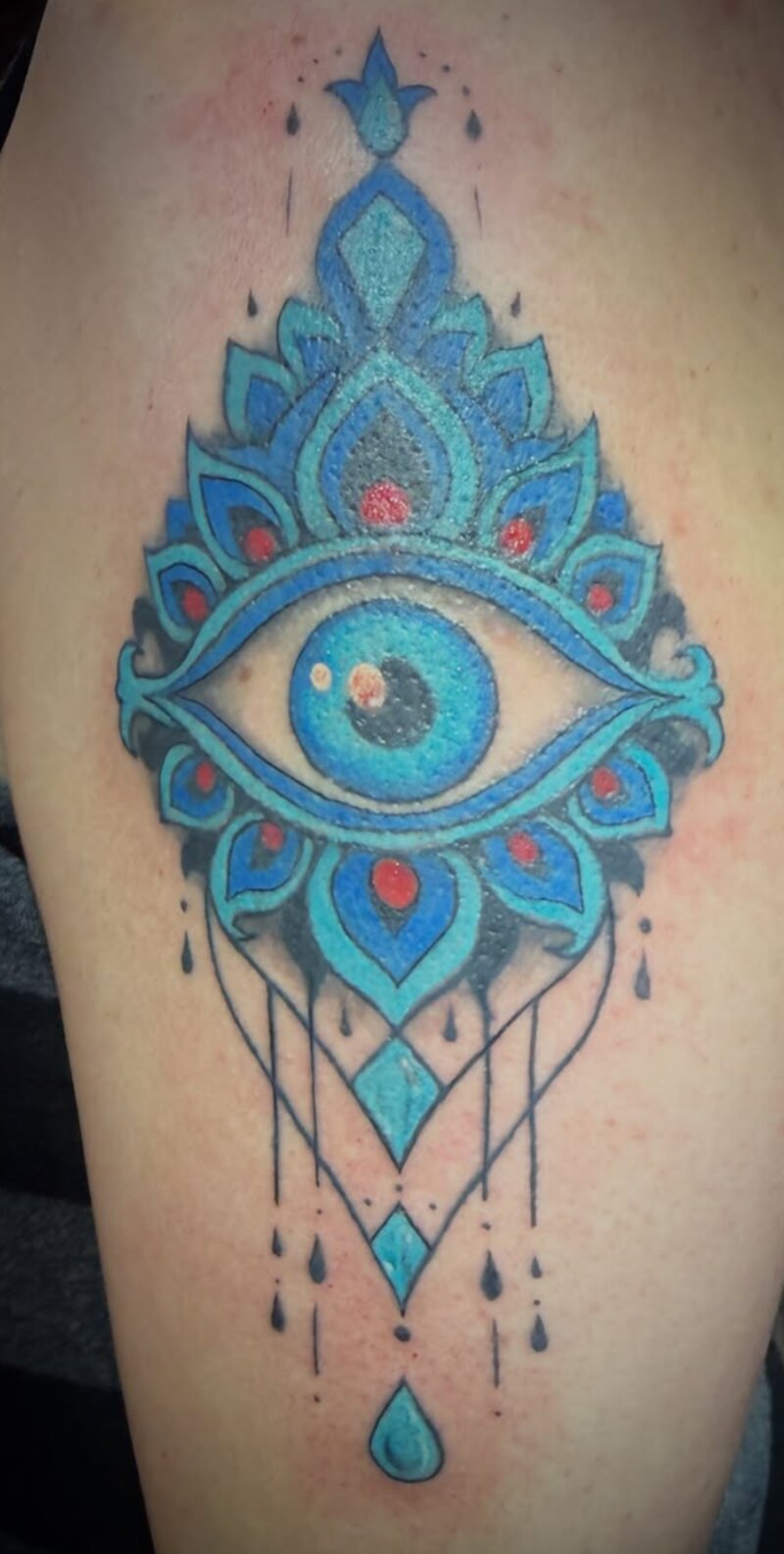 Color evil eye mandala tattoo by Mindcrusher Tattoo, Rogers Park Chicago