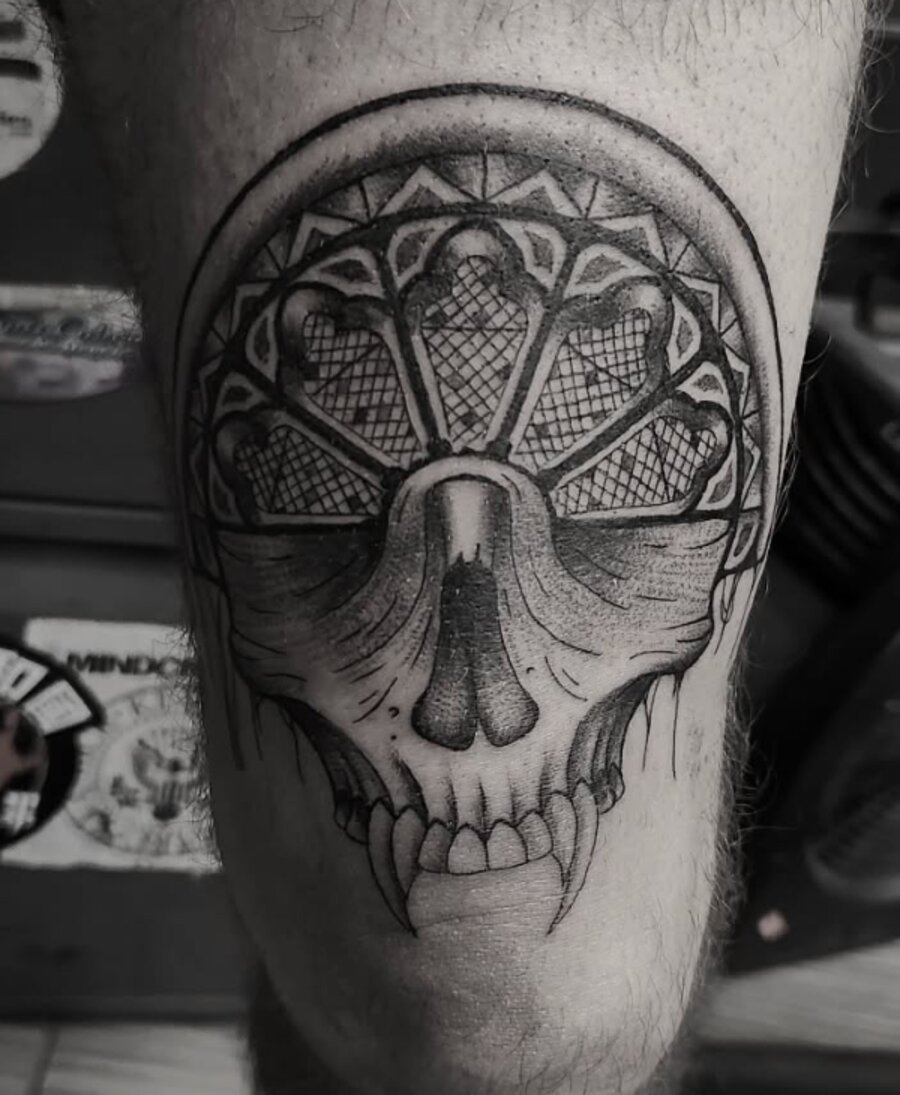 Ornamental skull tattoo done at Mindcrusher Tattoo, Rogers Park Chicago