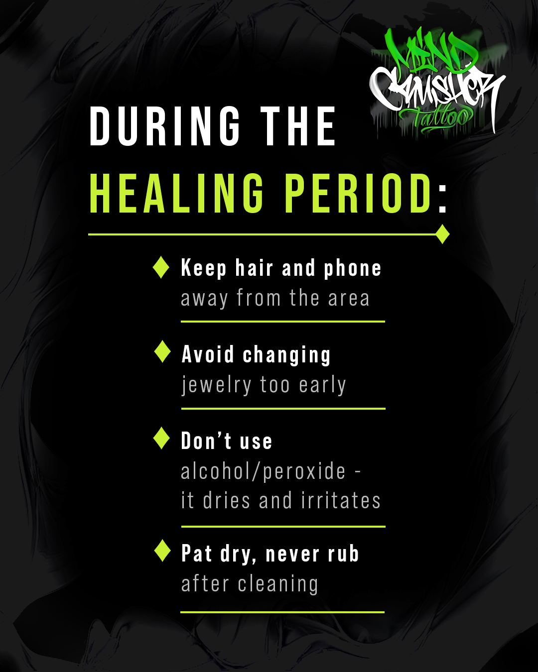 Piercing aftercare instructions from Mindcrusher Tattoo, Rogers Park Chicago