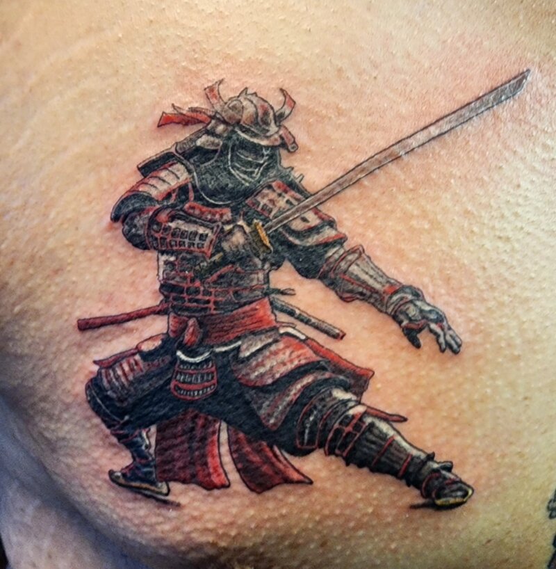 Color illustrative samurai tattoo done at Mindcrusher Tattoo, Rogers Park Chicago