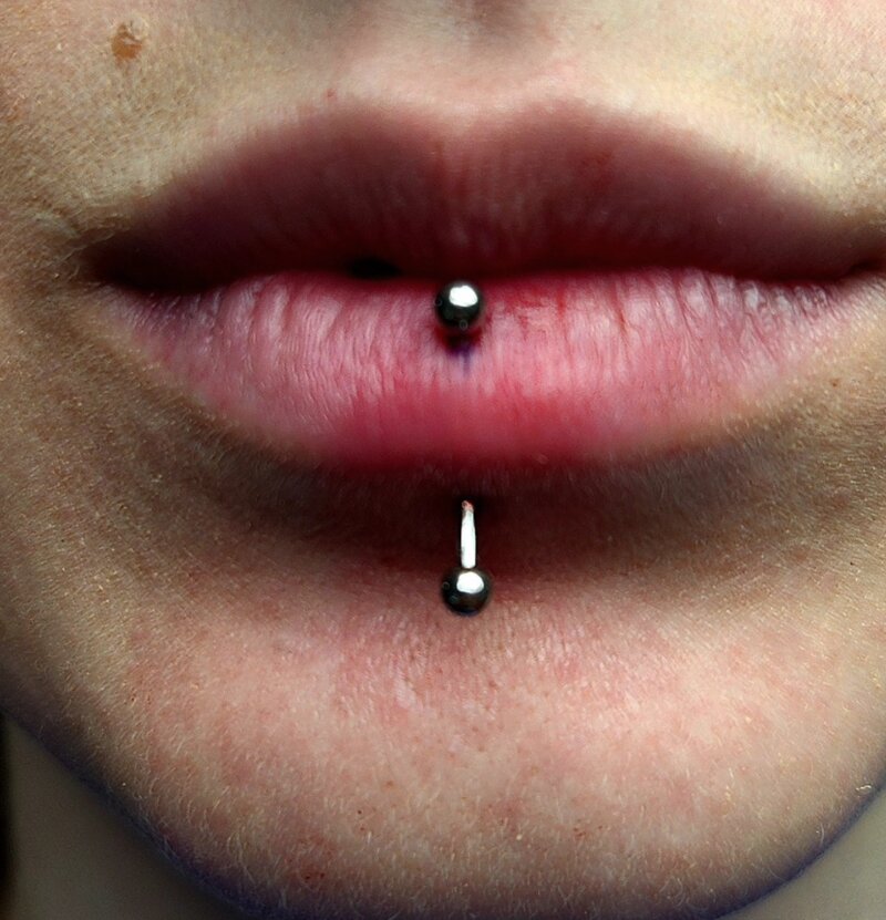 Vertical labret lip piercing done at Mindcrusher Tattoo, Rogers Park Chicago